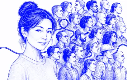 Jane faces the viewer beside a diverse group connected by one continuous line.