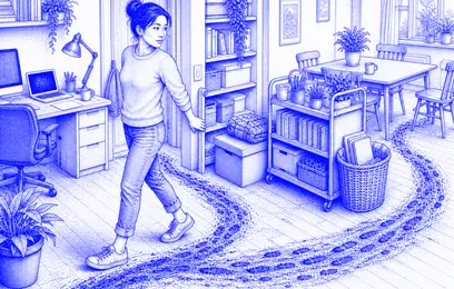 Jane looks back mid-step at a worn workaround path looping through a lived workspace.