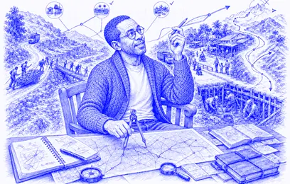 Gary looks up with a new insight while recalibrating a compass across maps of earlier decisions.